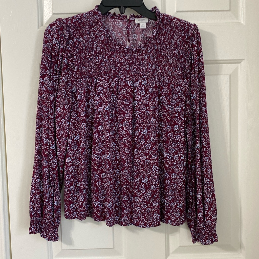 Nwot J.Crew Long Sleeve Maroon Floral Blouse W/ Rouching Details